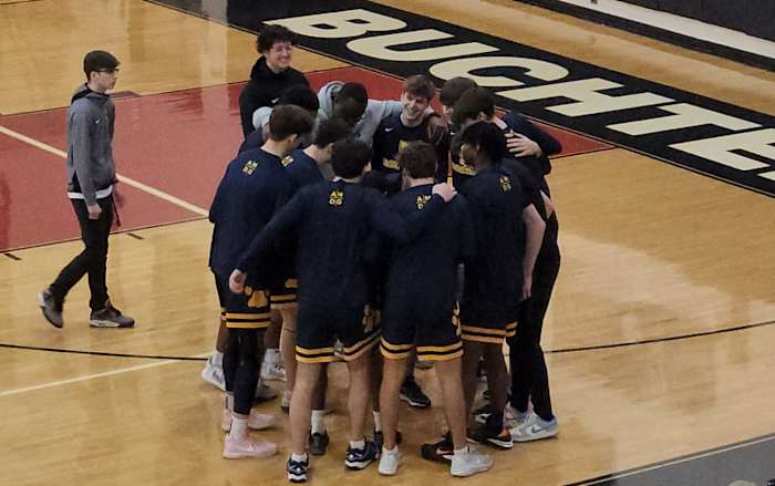 St. Ignatius players huddle prior to their game agianst Buchtel on January 27, 2024
